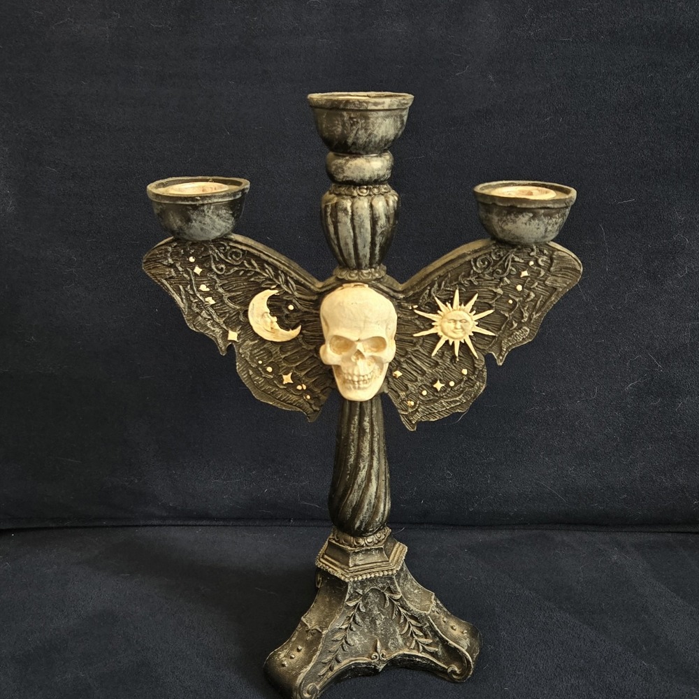 Gothic Skull Moth Candelabra Resin Candle Holder Black Celestial Halloween Decor